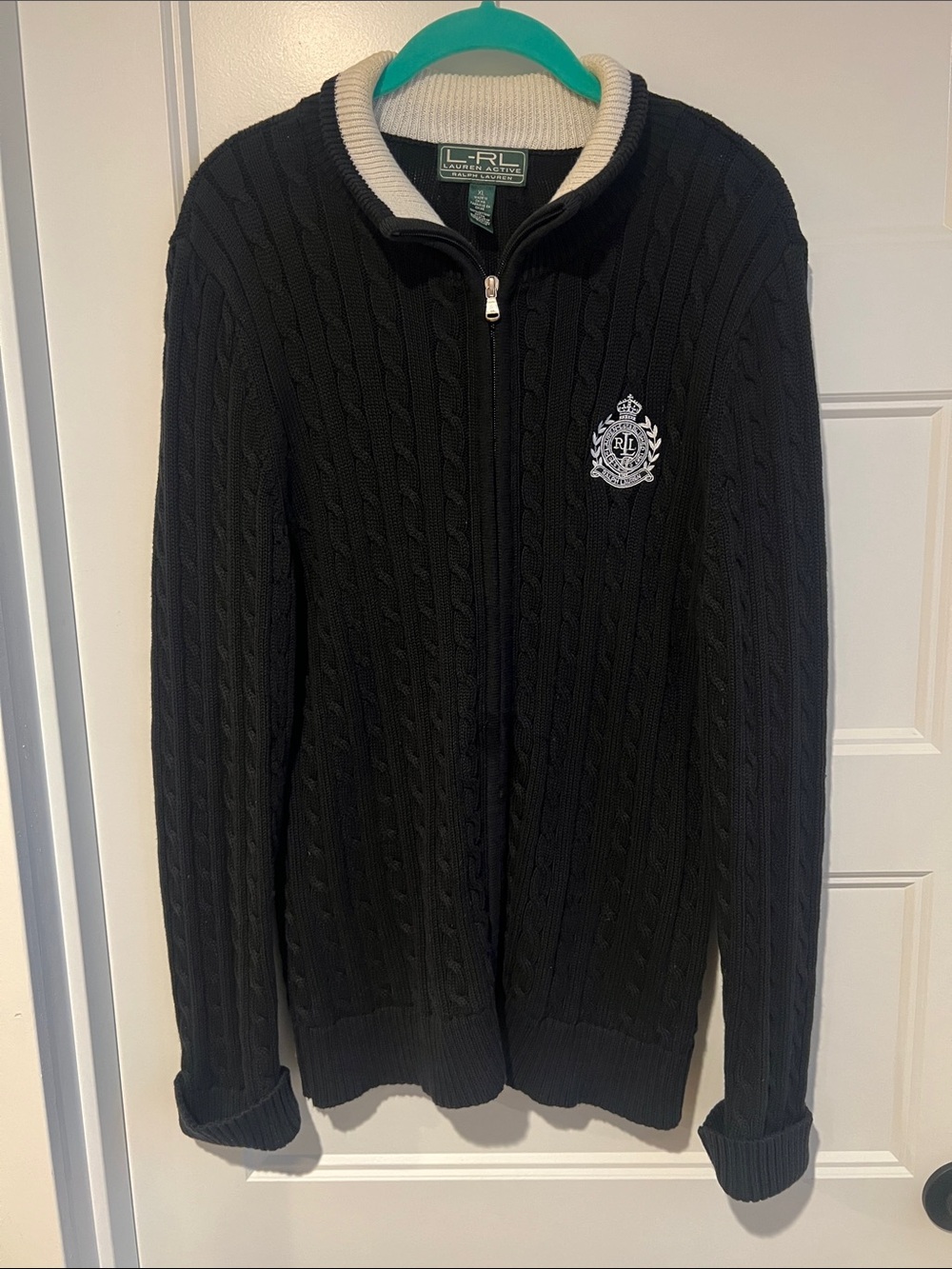 Ralph Lauren Black Cable-Knit Full Zip Sweater with Cream Trim